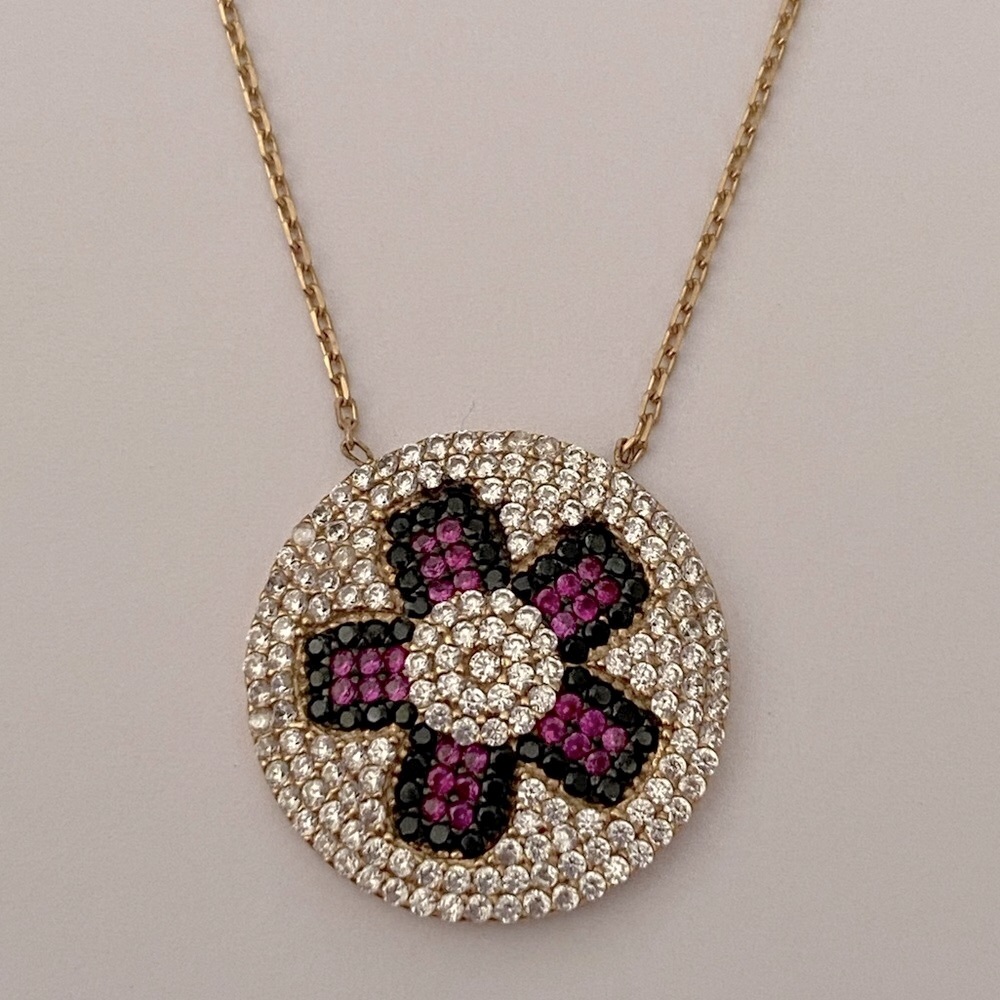 925 Silver flower necklace pink clear cz stones 18k yellow gold plated